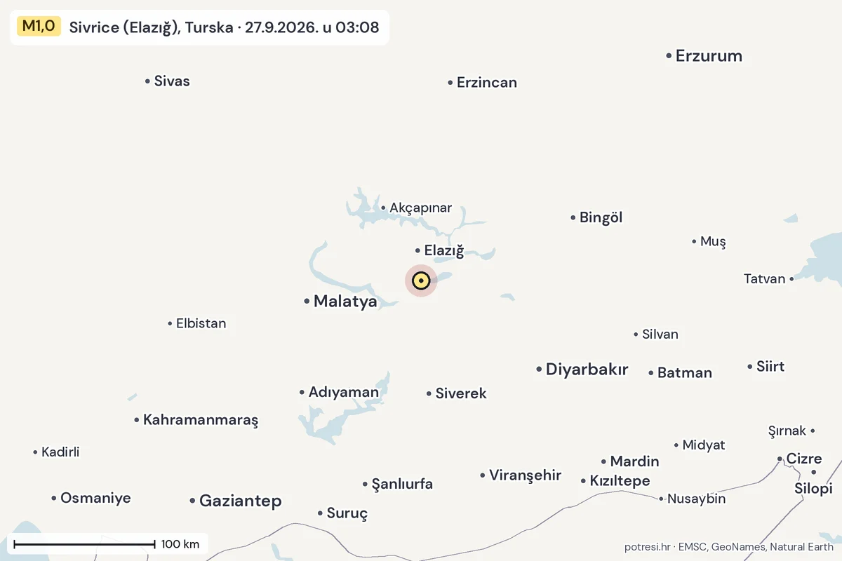 Karta: šire područje, 600 km, potres M1,0, Sivrice (Elazığ), Turska, 27.9.2026.