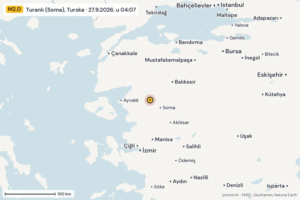 Karta: šire područje, 600 km, potres M2,0, Turanlı (Soma), Turska, 27.9.2026.