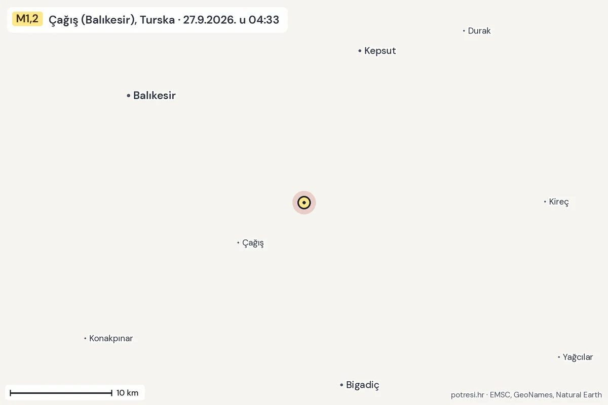 Karta: okolica epicentra, 60 km, potres M1,2, Çağış (Balıkesir), Turska, 27.9.2026.