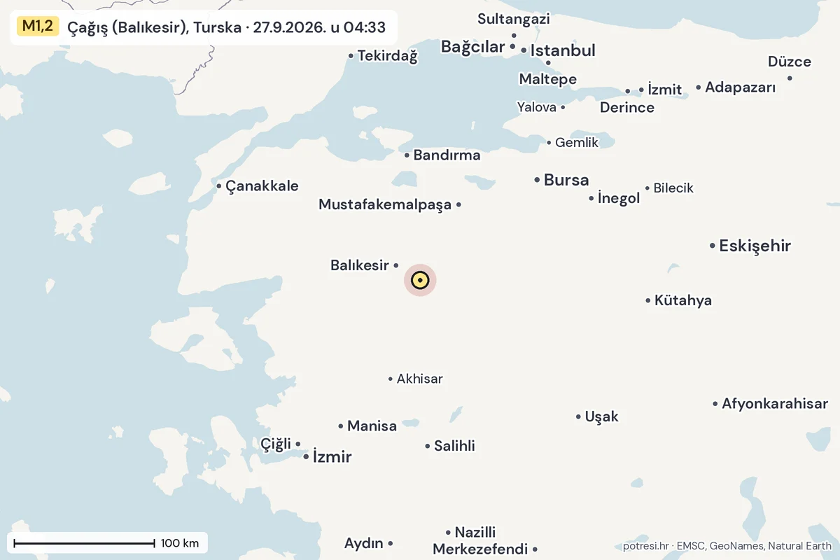 Karta: šire područje, 600 km, potres M1,2, Çağış (Balıkesir), Turska, 27.9.2026.