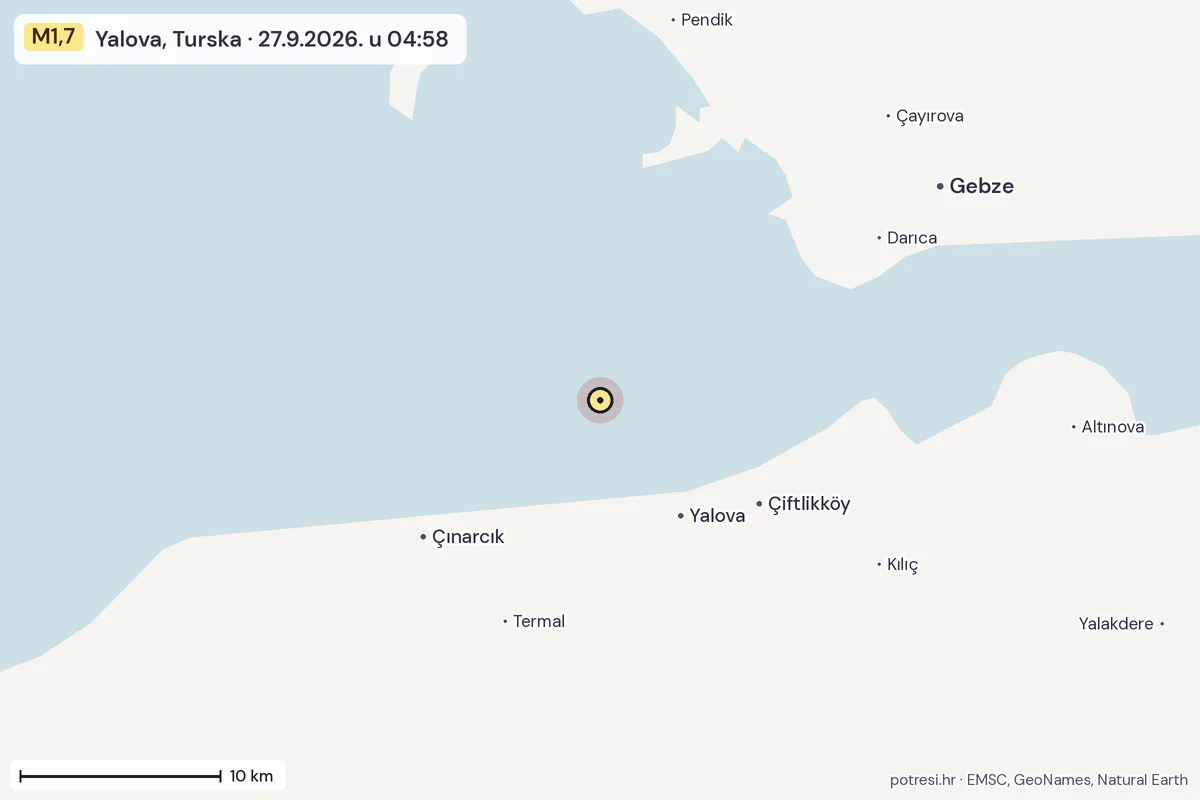 Karta: okolica epicentra, 60 km, potres M1,7, Yalova, Turska, 27.9.2026.