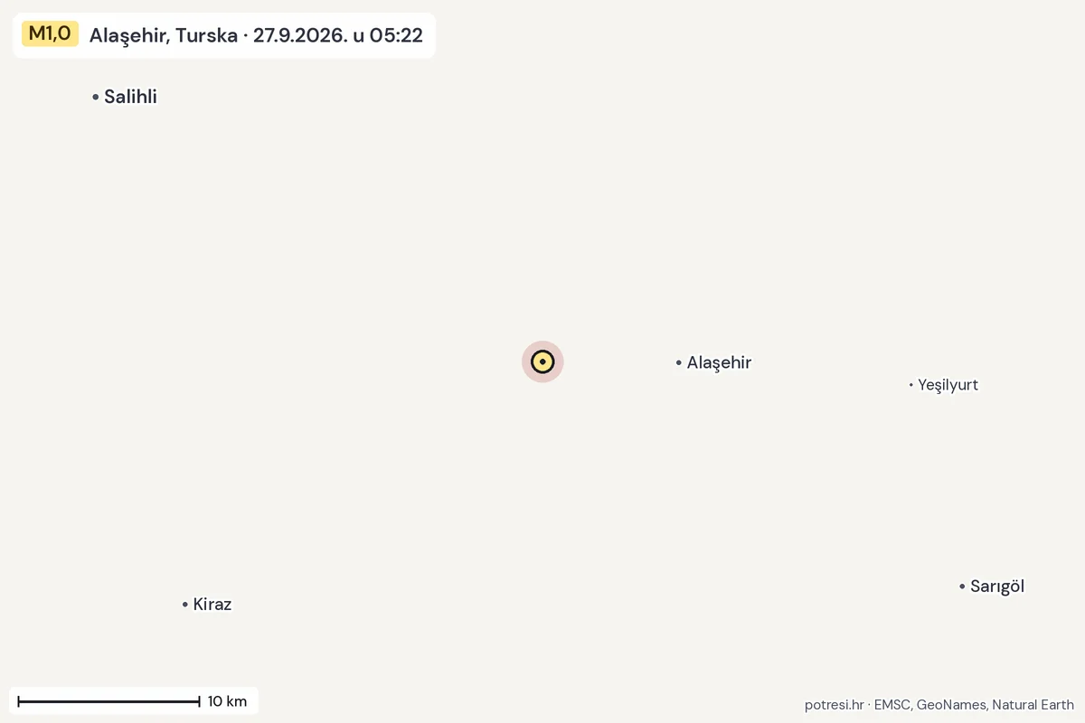 Karta: okolica epicentra, 60 km, potres M1,0, Alaşehir, Turska, 27.9.2026.
