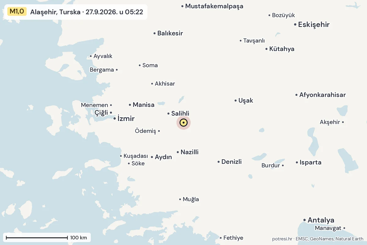 Karta: šire područje, 600 km, potres M1,0, Alaşehir, Turska, 27.9.2026.