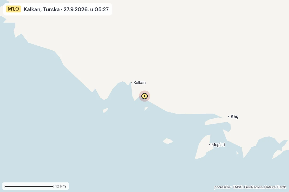 Karta: okolica epicentra, 60 km, potres M1,0, Kalkan, Turska, 27.9.2026.