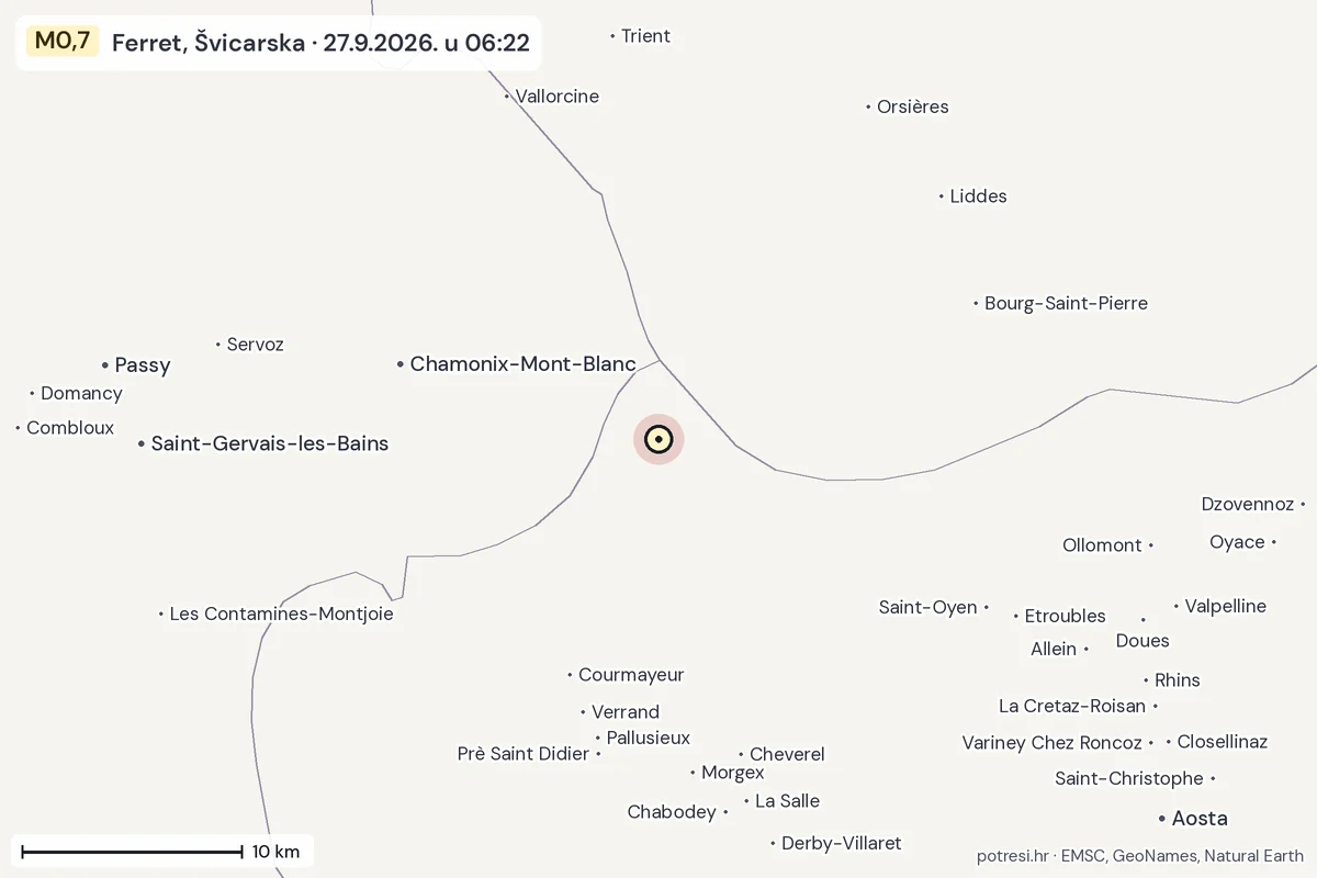 Karta: okolica epicentra, 60 km, potres M0,7, Ferret, Švicarska, 27.9.2026.