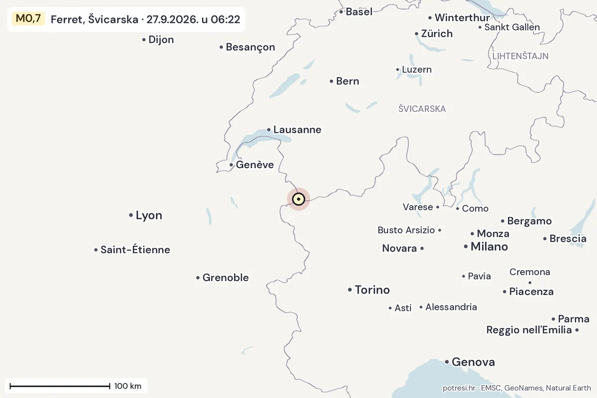 Karta: šire područje, 600 km, potres M0,7, Ferret, Švicarska, 27.9.2026.