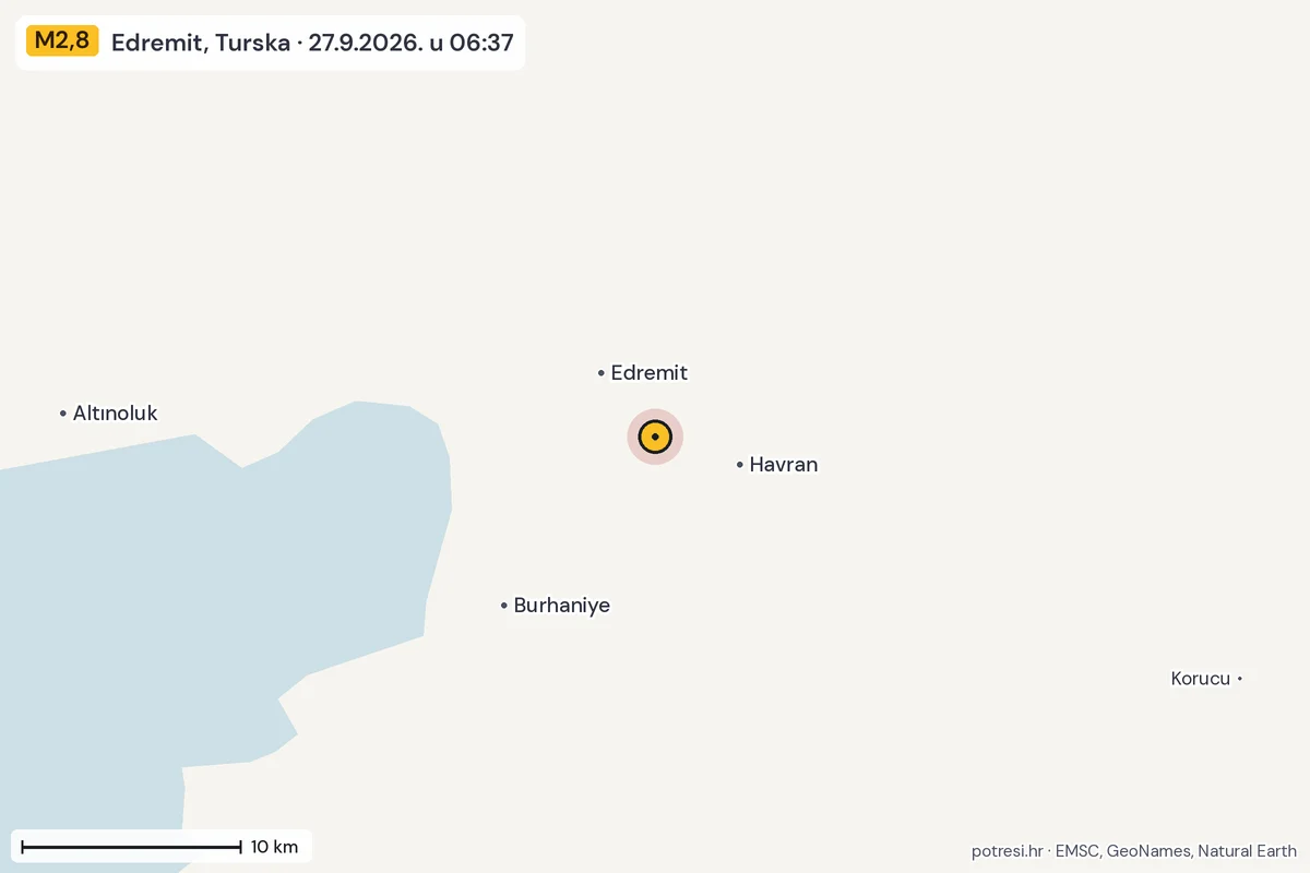 Karta: okolica epicentra, 60 km, potres M2,8, Edremit, Turska, 27.9.2026.
