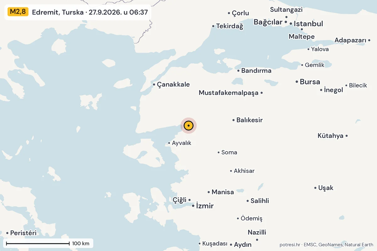 Karta: šire područje, 600 km, potres M2,8, Edremit, Turska, 27.9.2026.
