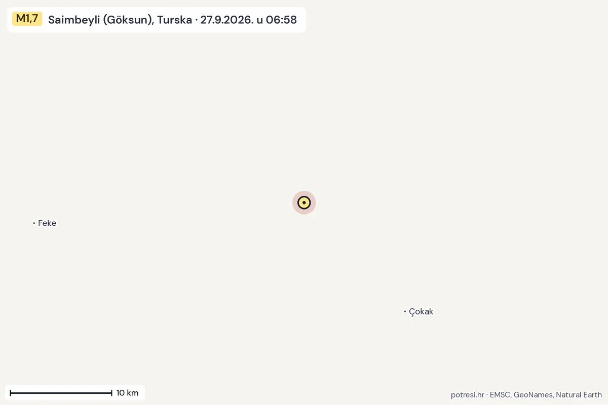 Karta: okolica epicentra, 60 km, potres M1,7, Saimbeyli (Göksun), Turska, 27.9.2026.