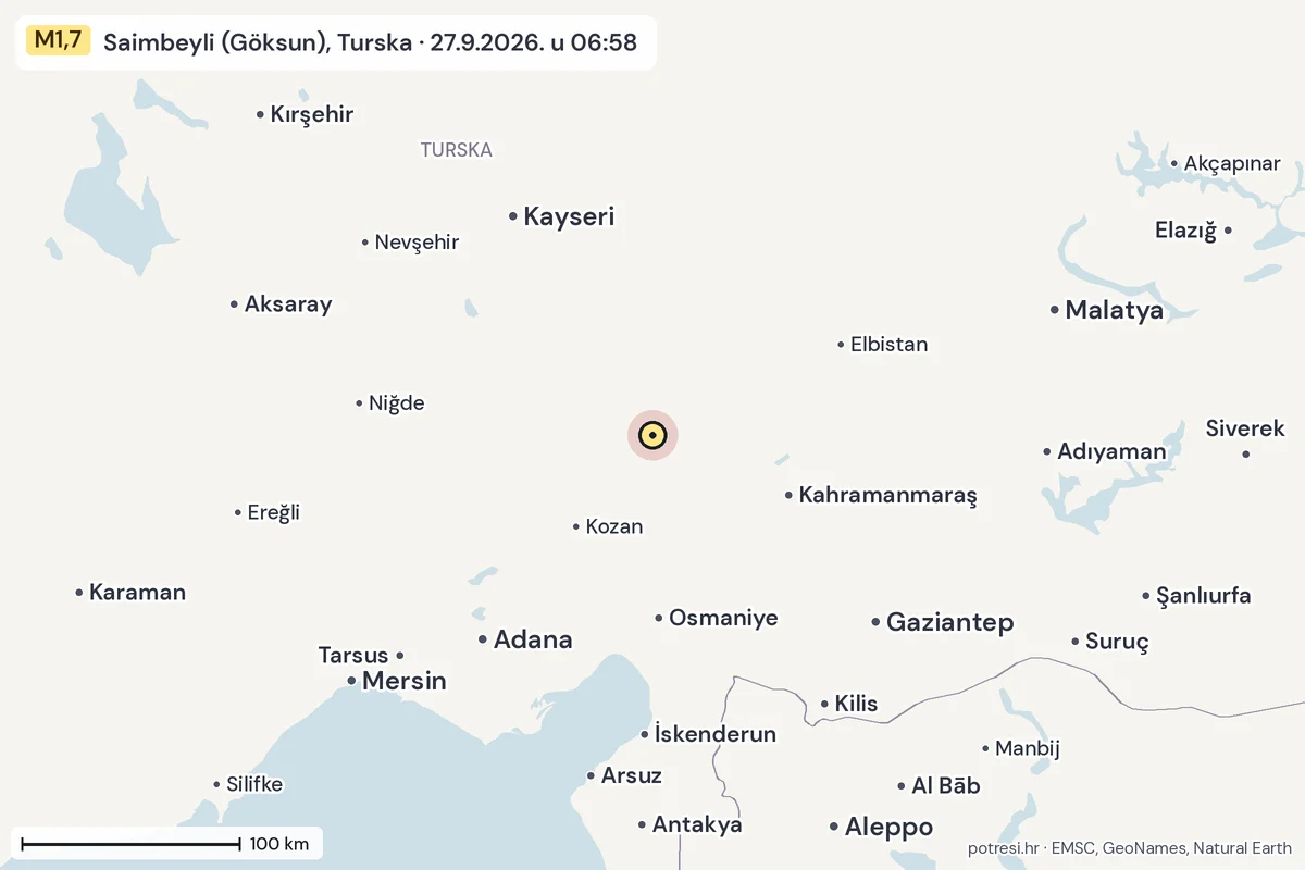 Karta: šire područje, 600 km, potres M1,7, Saimbeyli (Göksun), Turska, 27.9.2026.
