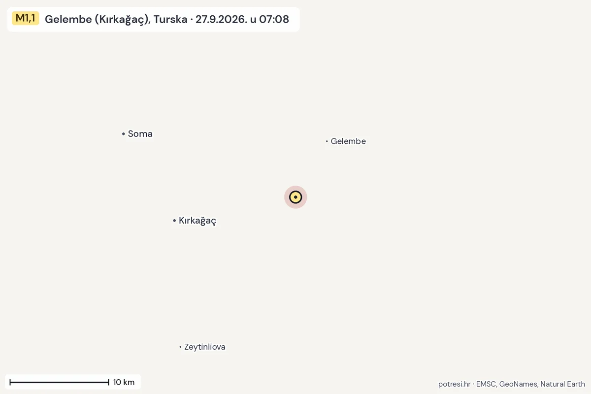 Karta: okolica epicentra, 60 km, potres M1,1, Gelembe (Kırkağaç), Turska, 27.9.2026.