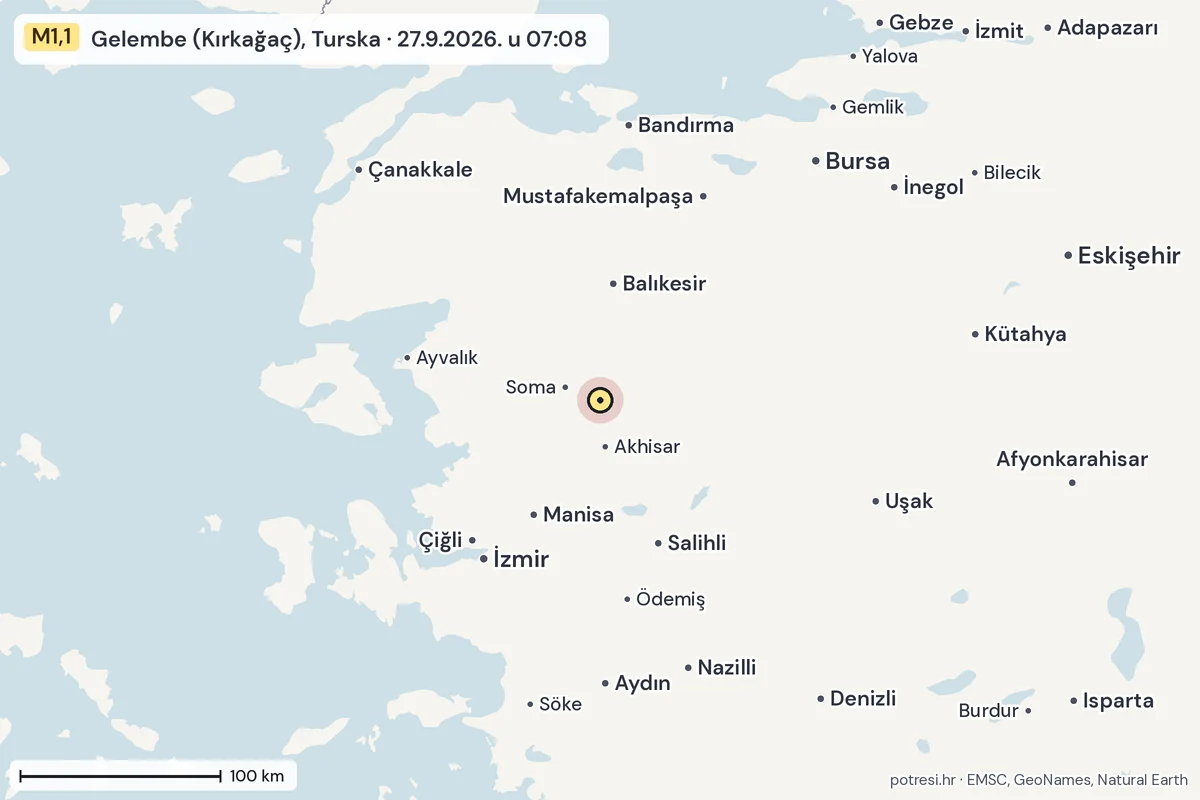 Karta: šire područje, 600 km, potres M1,1, Gelembe (Kırkağaç), Turska, 27.9.2026.