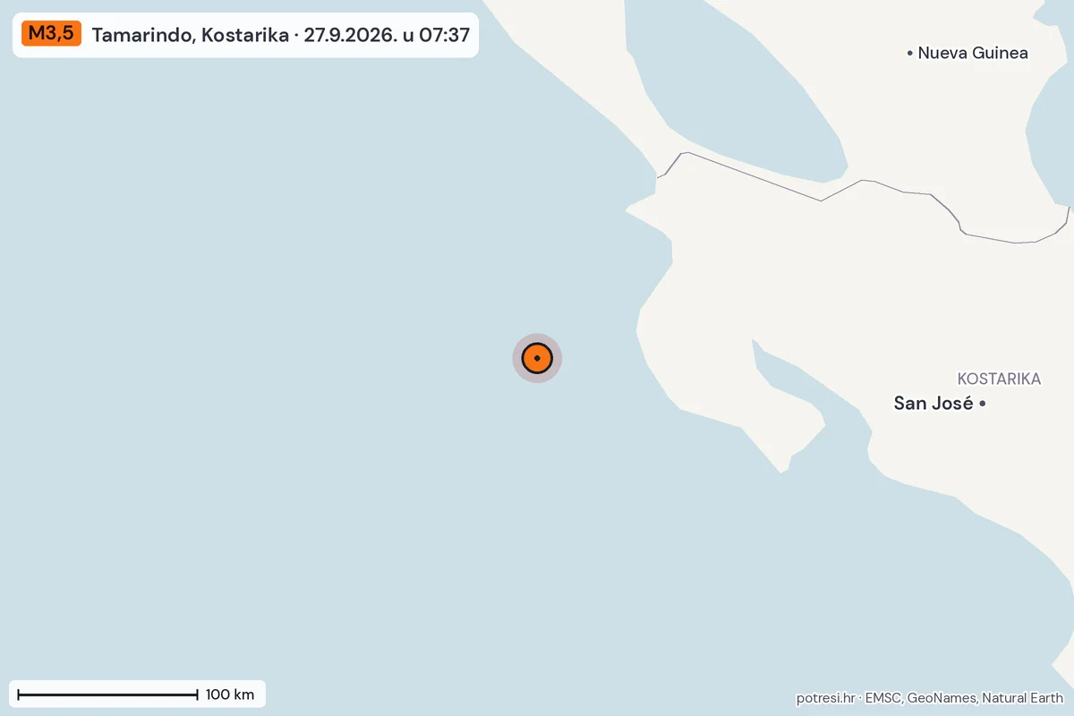 Karta: šire područje, 600 km, potres M3,5, Tamarindo, Kostarika, 27.9.2026.