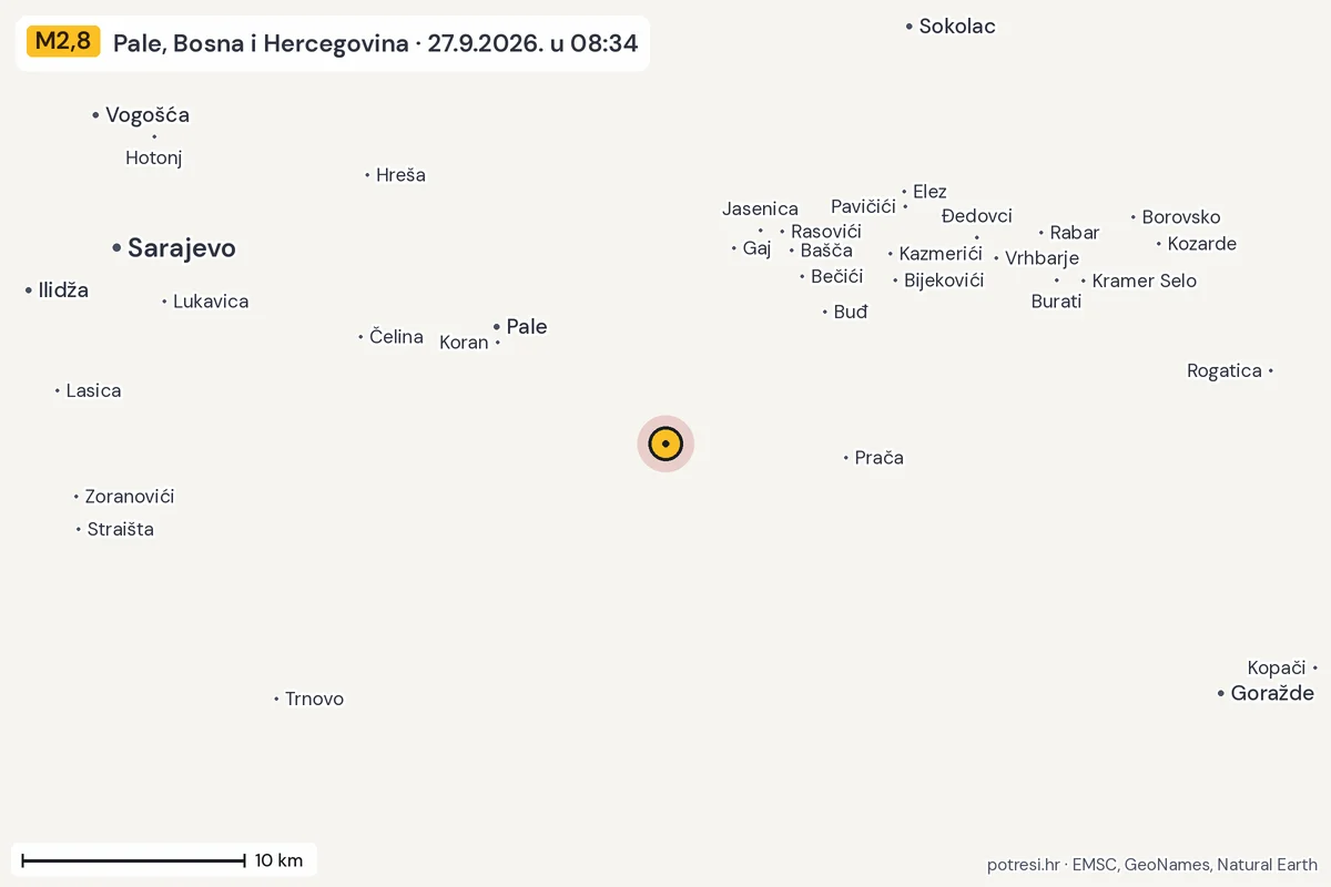 Karta: okolica epicentra, 60 km, potres M2,8, Pale, Bosna i Hercegovina, 27.9.2026.