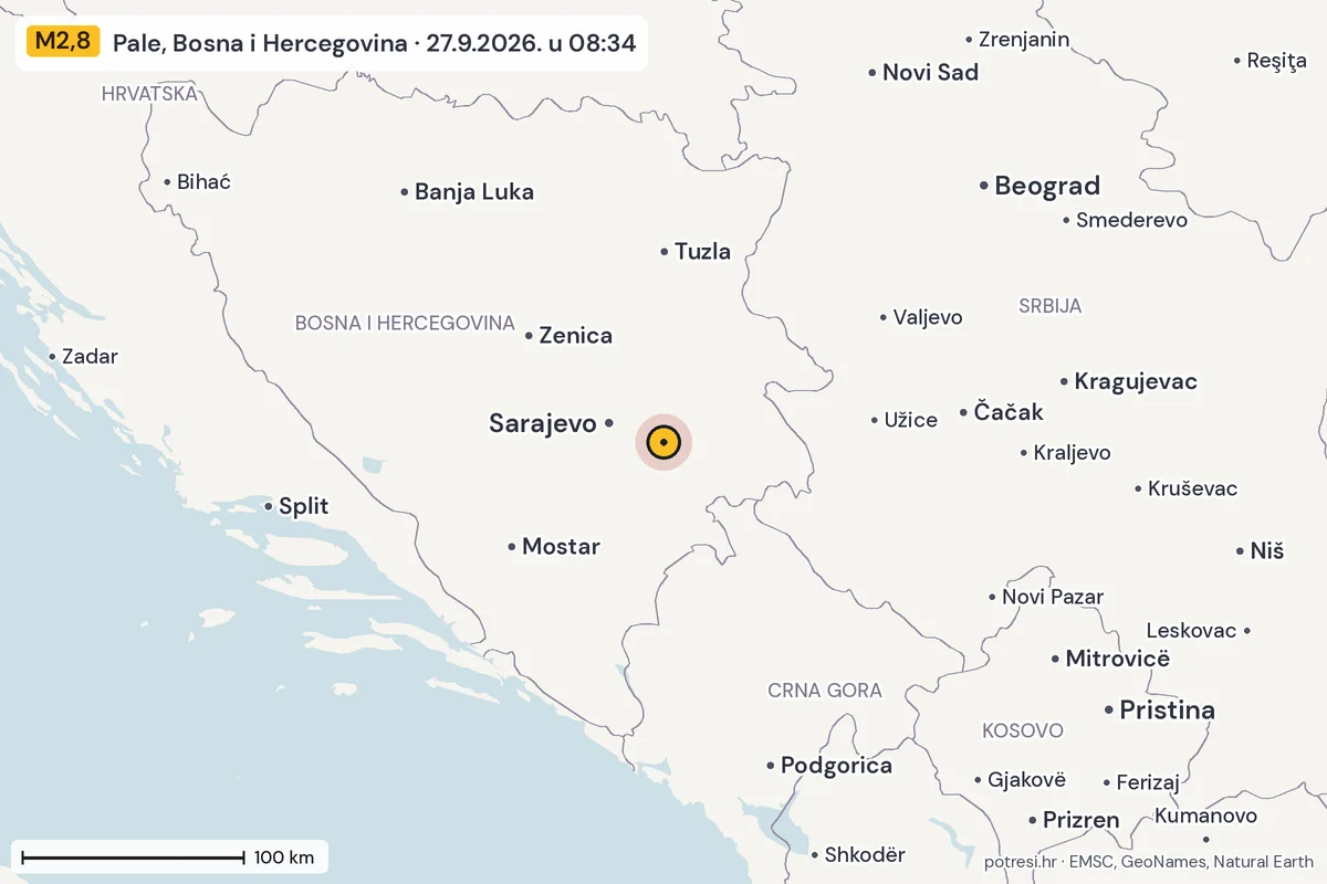 Karta: šire područje, 600 km, potres M2,8, Pale, Bosna i Hercegovina, 27.9.2026.