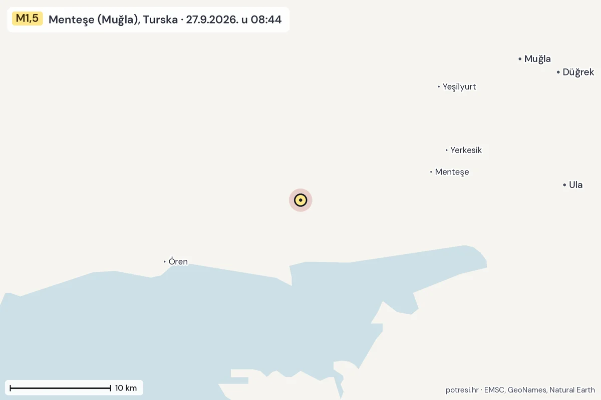 Karta: okolica epicentra, 60 km, potres M1,5, Menteşe (Muğla), Turska, 27.9.2026.