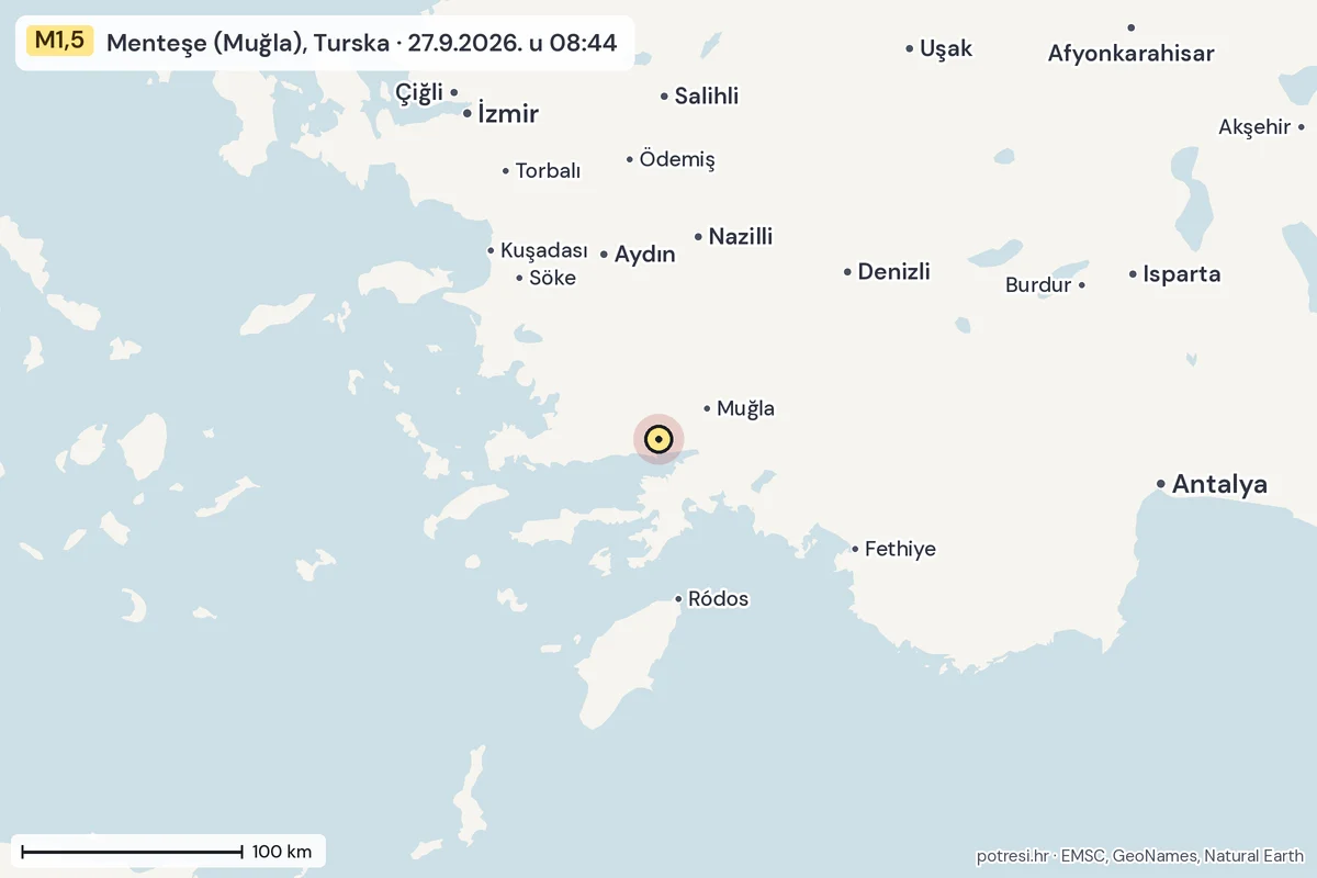 Karta: šire područje, 600 km, potres M1,5, Menteşe (Muğla), Turska, 27.9.2026.