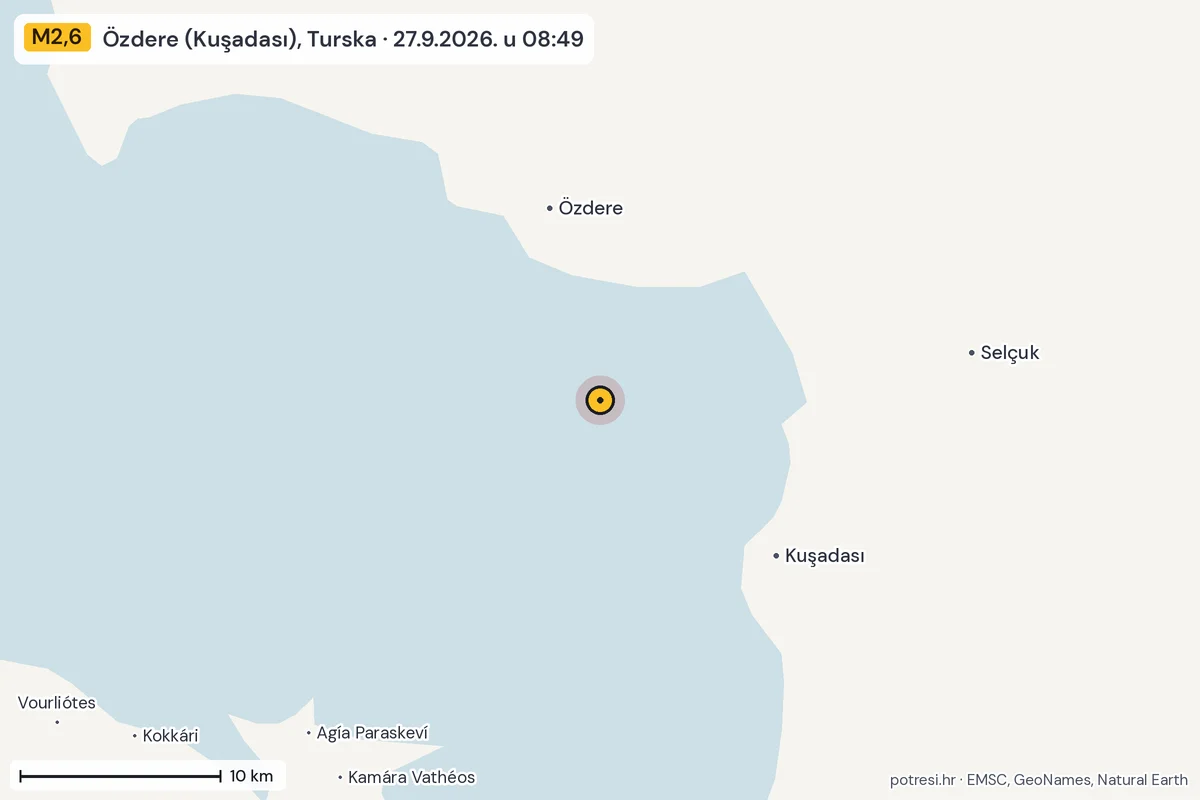 Karta: okolica epicentra, 60 km, potres M2,6, Özdere (Kuşadası), Turska, 27.9.2026.