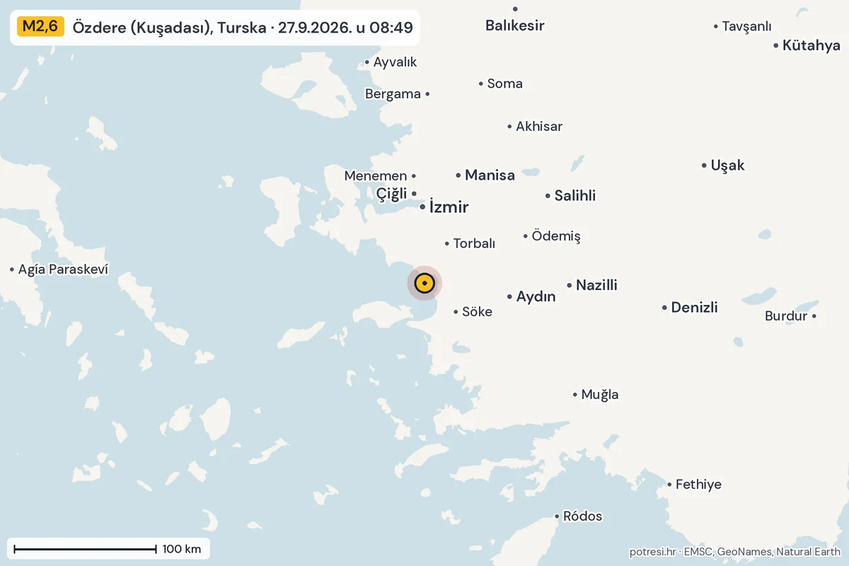 Karta: šire područje, 600 km, potres M2,6, Özdere (Kuşadası), Turska, 27.9.2026.