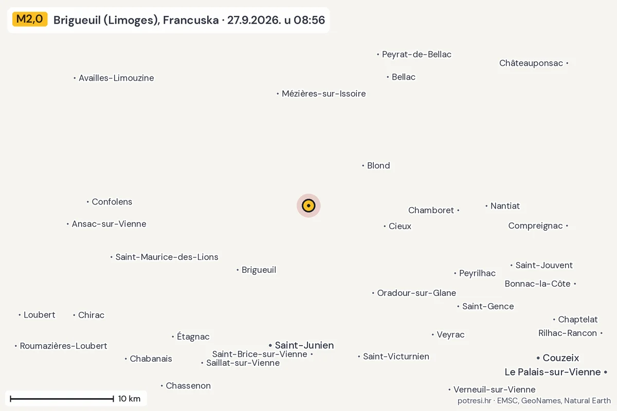 Karta: okolica epicentra, 60 km, potres M2,0, Brigueuil (Limoges), Francuska, 27.9.2026.