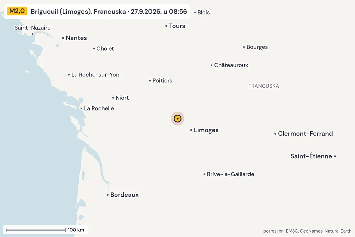 Karta: šire područje, 600 km, potres M2,0, Brigueuil (Limoges), Francuska, 27.9.2026.