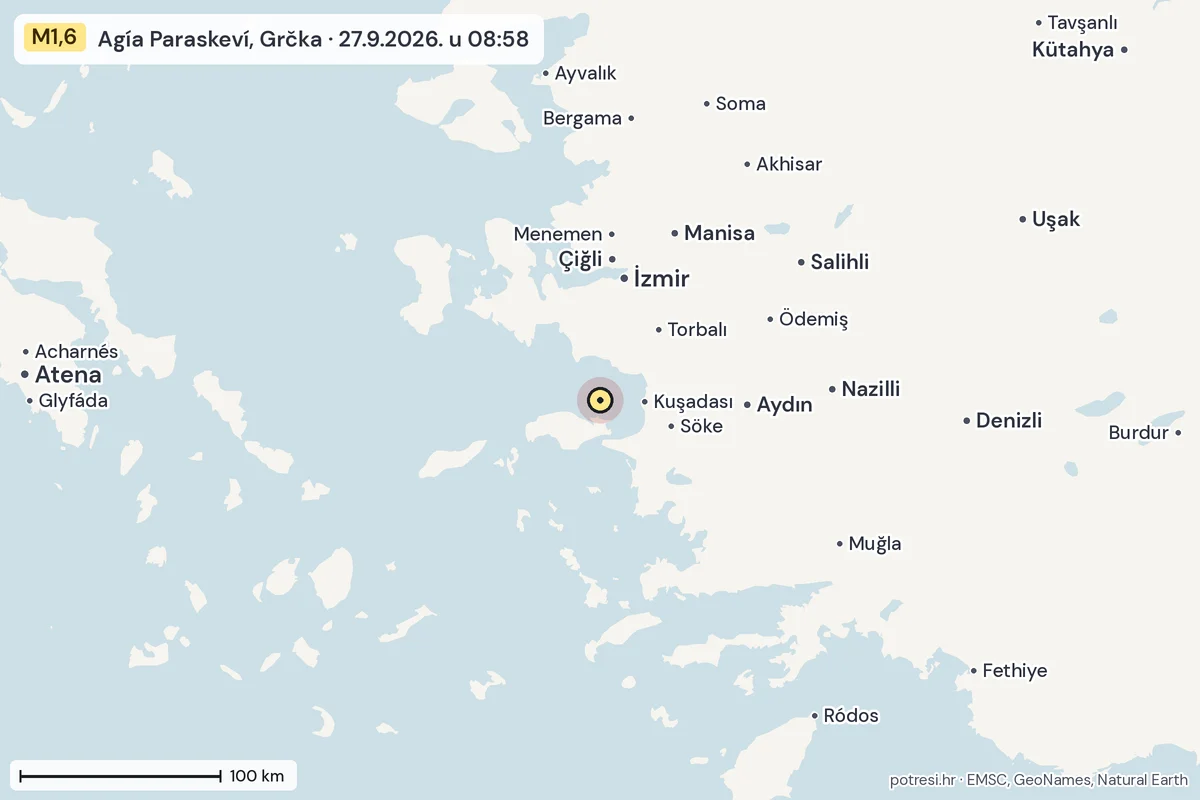 Karta: šire područje, 600 km, potres M1,6, Agía Paraskeví, Grčka, 27.9.2026.