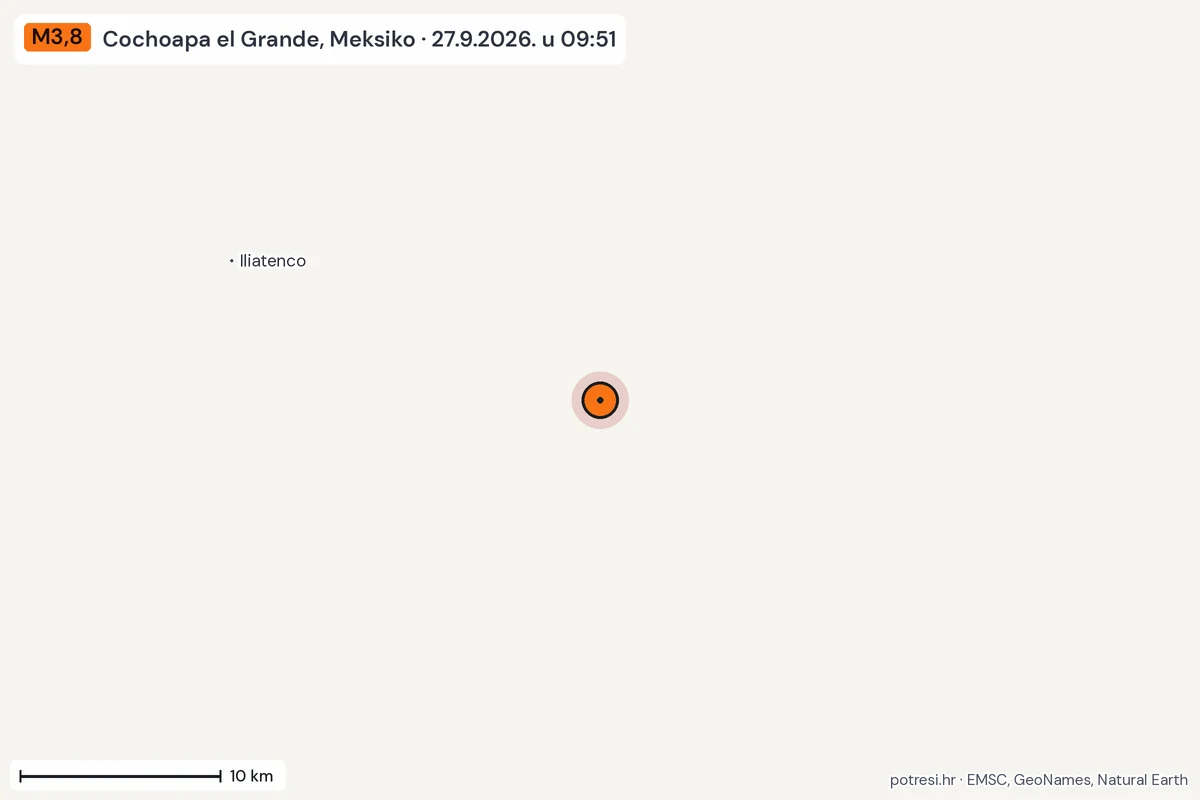 Karta: okolica epicentra, 60 km, potres M3,8, Cochoapa el Grande, Meksiko, 27.9.2026.