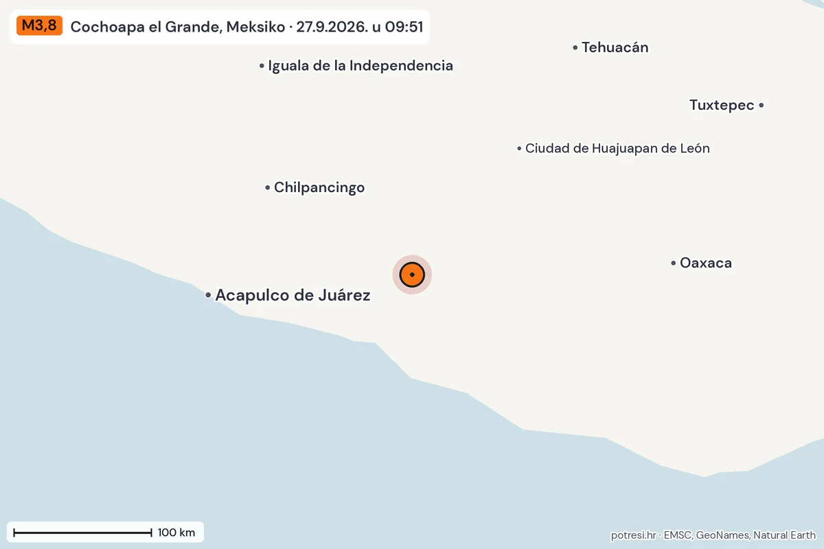 Karta: šire područje, 600 km, potres M3,8, Cochoapa el Grande, Meksiko, 27.9.2026.