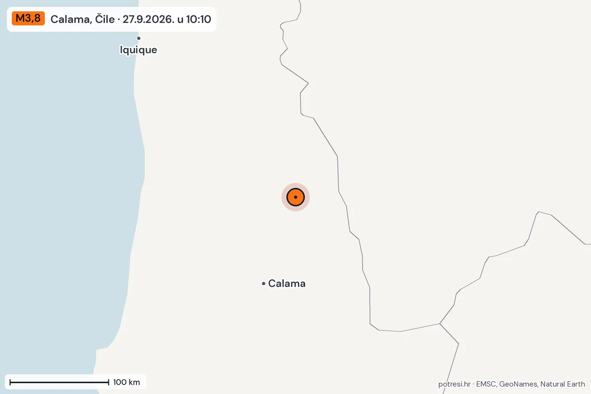 Karta: šire područje, 600 km, potres M3,8, Calama, Čile, 27.9.2026.