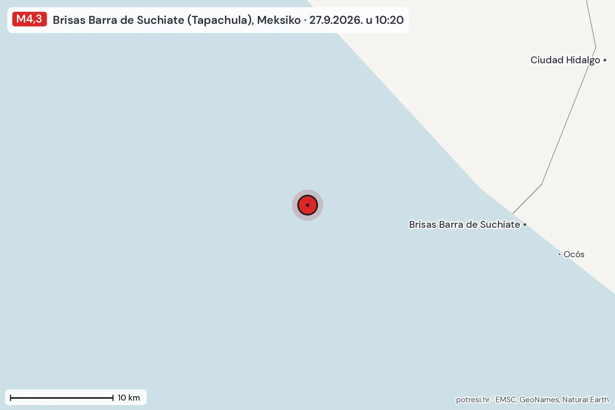 Karta: okolica epicentra, 60 km, potres M4,3, Brisas Barra de Suchiate (Tapachula), Meksiko, 27.9.2026.
