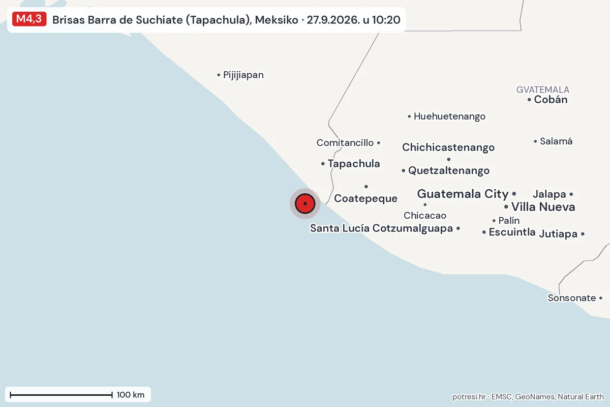 Karta: šire područje, 600 km, potres M4,3, Brisas Barra de Suchiate (Tapachula), Meksiko, 27.9.2026.