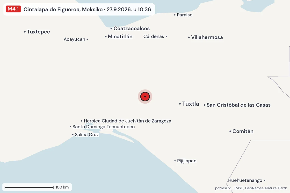 Karta: šire područje, 600 km, potres M4,1, Cintalapa de Figueroa, Meksiko, 27.9.2026.