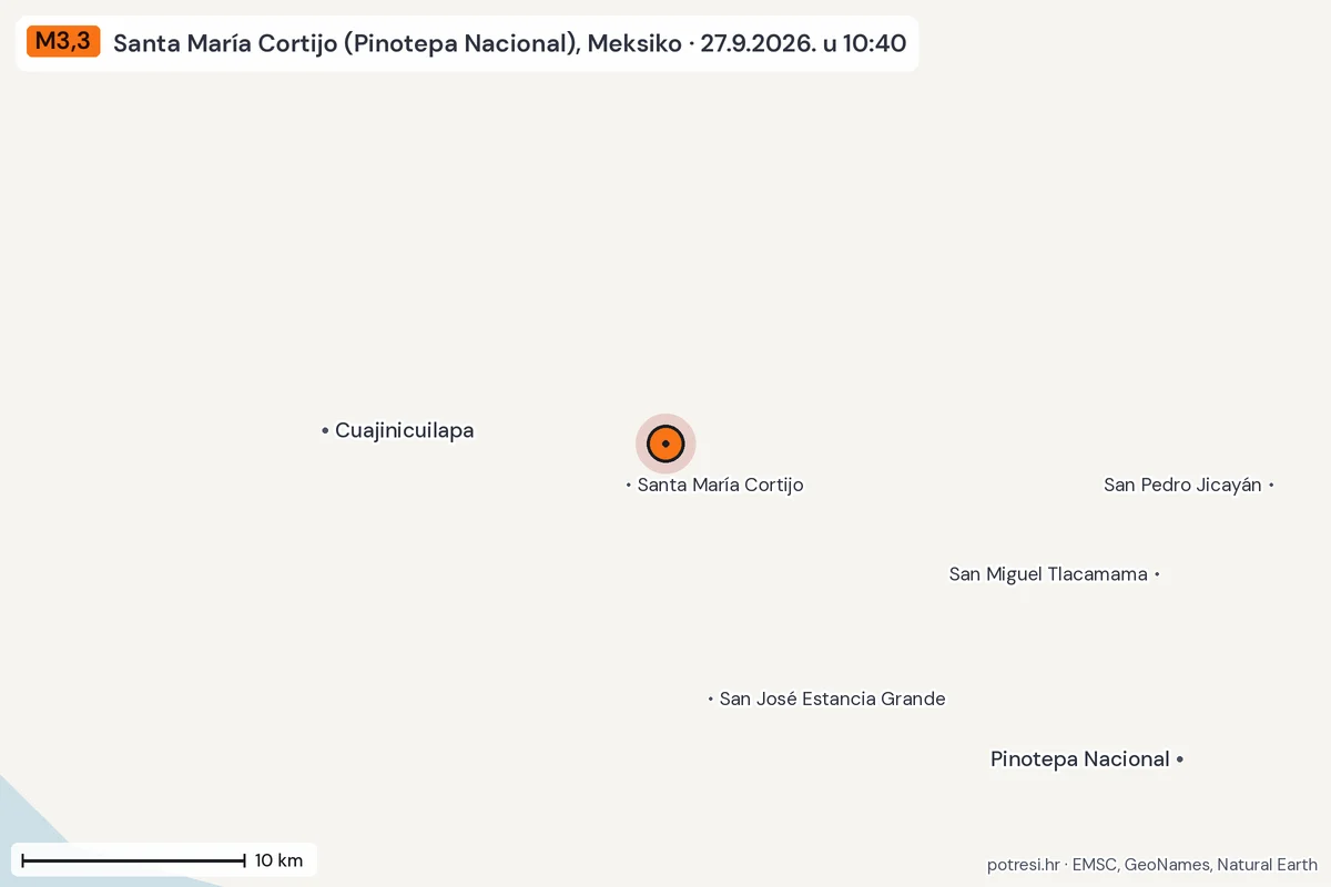 Karta: okolica epicentra, 60 km, potres M3,3, Santa María Cortijo (Pinotepa Nacional), Meksiko, 27.9.2026.