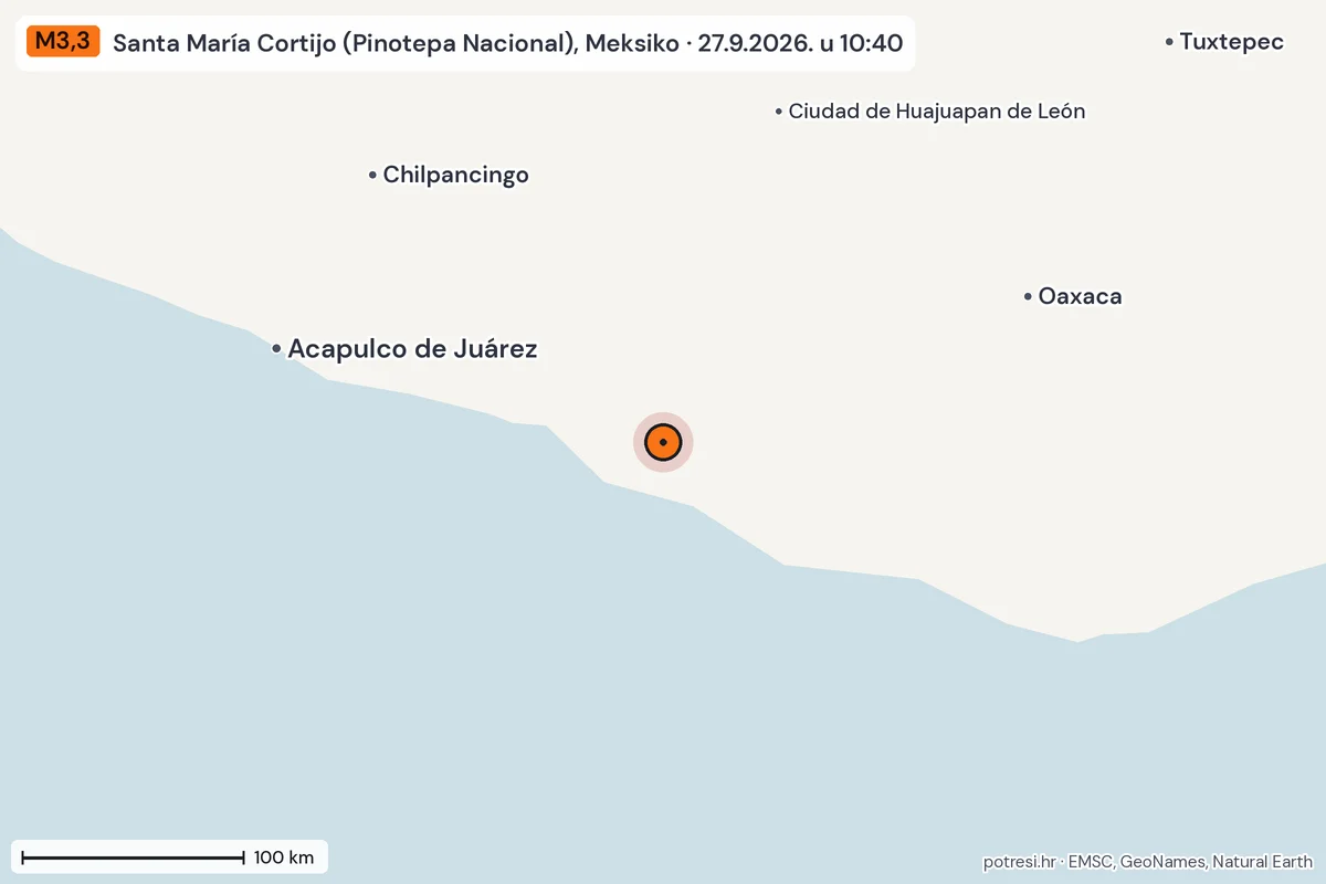 Karta: šire područje, 600 km, potres M3,3, Santa María Cortijo (Pinotepa Nacional), Meksiko, 27.9.2026.