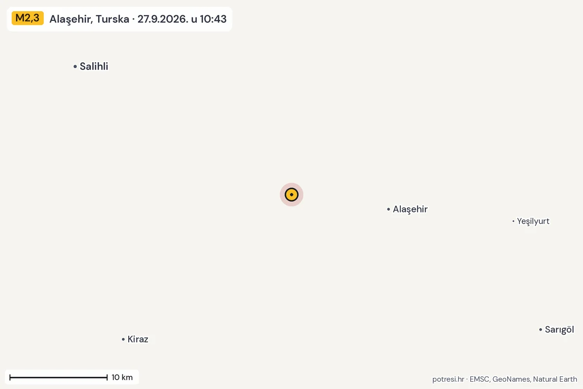 Karta: okolica epicentra, 60 km, potres M2,3, Alaşehir, Turska, 27.9.2026.