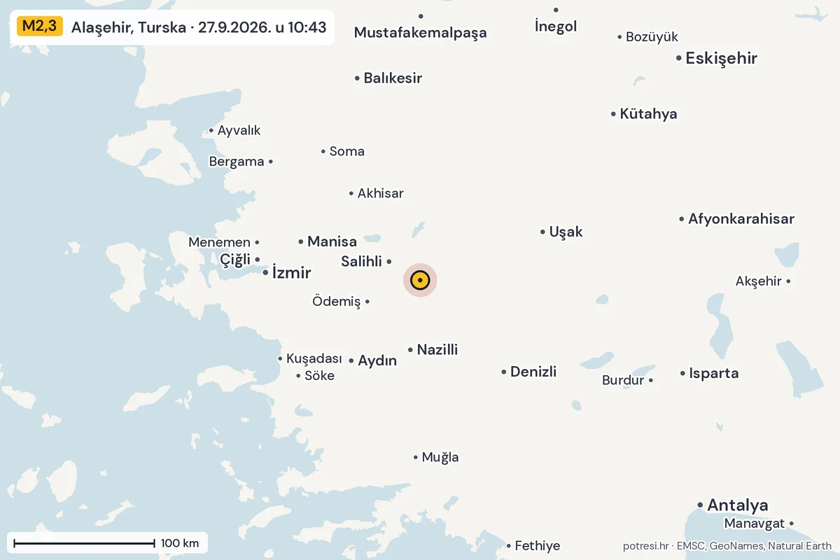 Karta: šire područje, 600 km, potres M2,3, Alaşehir, Turska, 27.9.2026.