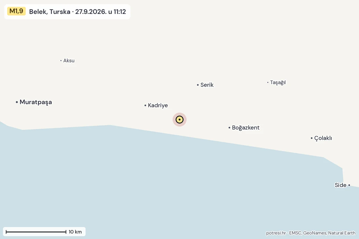 Karta: okolica epicentra, 60 km, potres M1,9, Belek, Turska, 27.9.2026.
