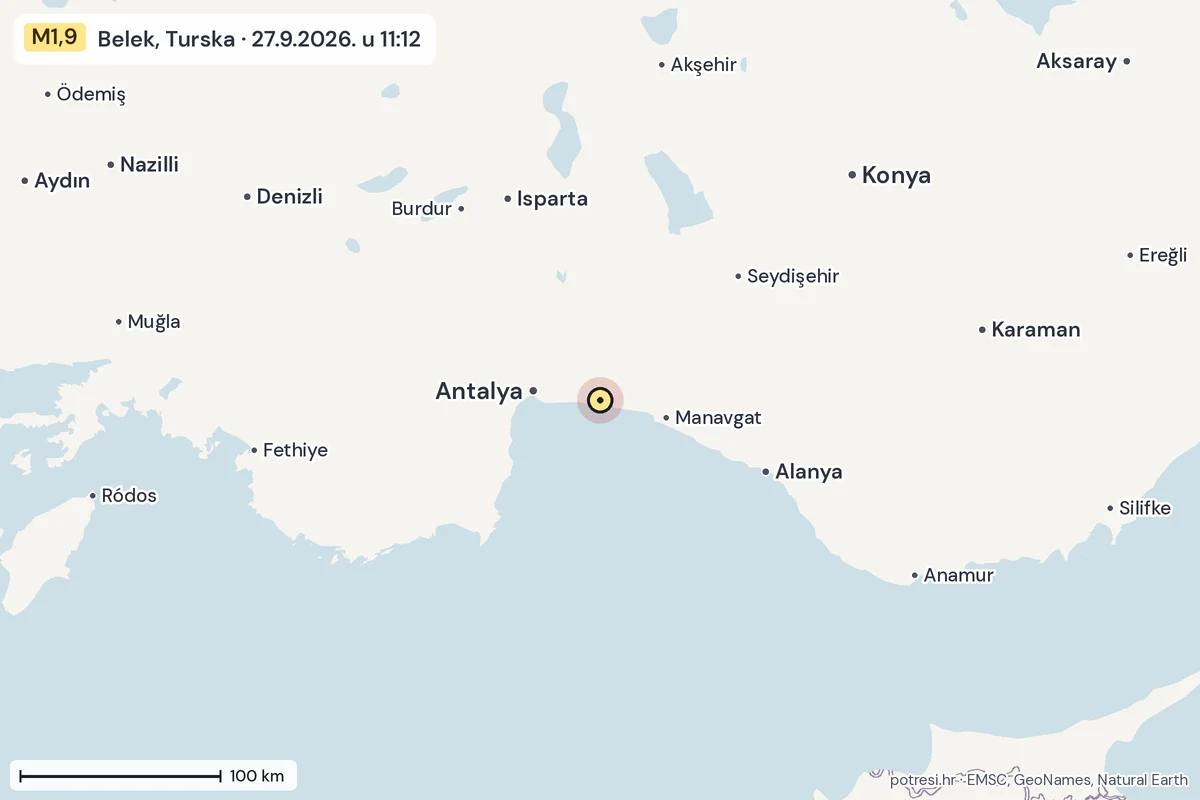 Karta: šire područje, 600 km, potres M1,9, Belek, Turska, 27.9.2026.
