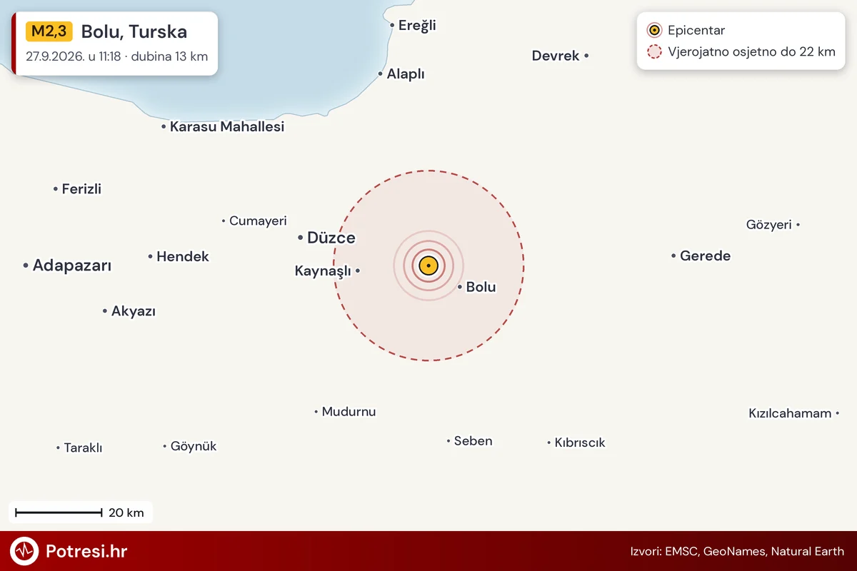 Karta: šire područje i vjerojatni doseg osjeta, potres M2,3, Bolu, Turska, 27.9.2026.