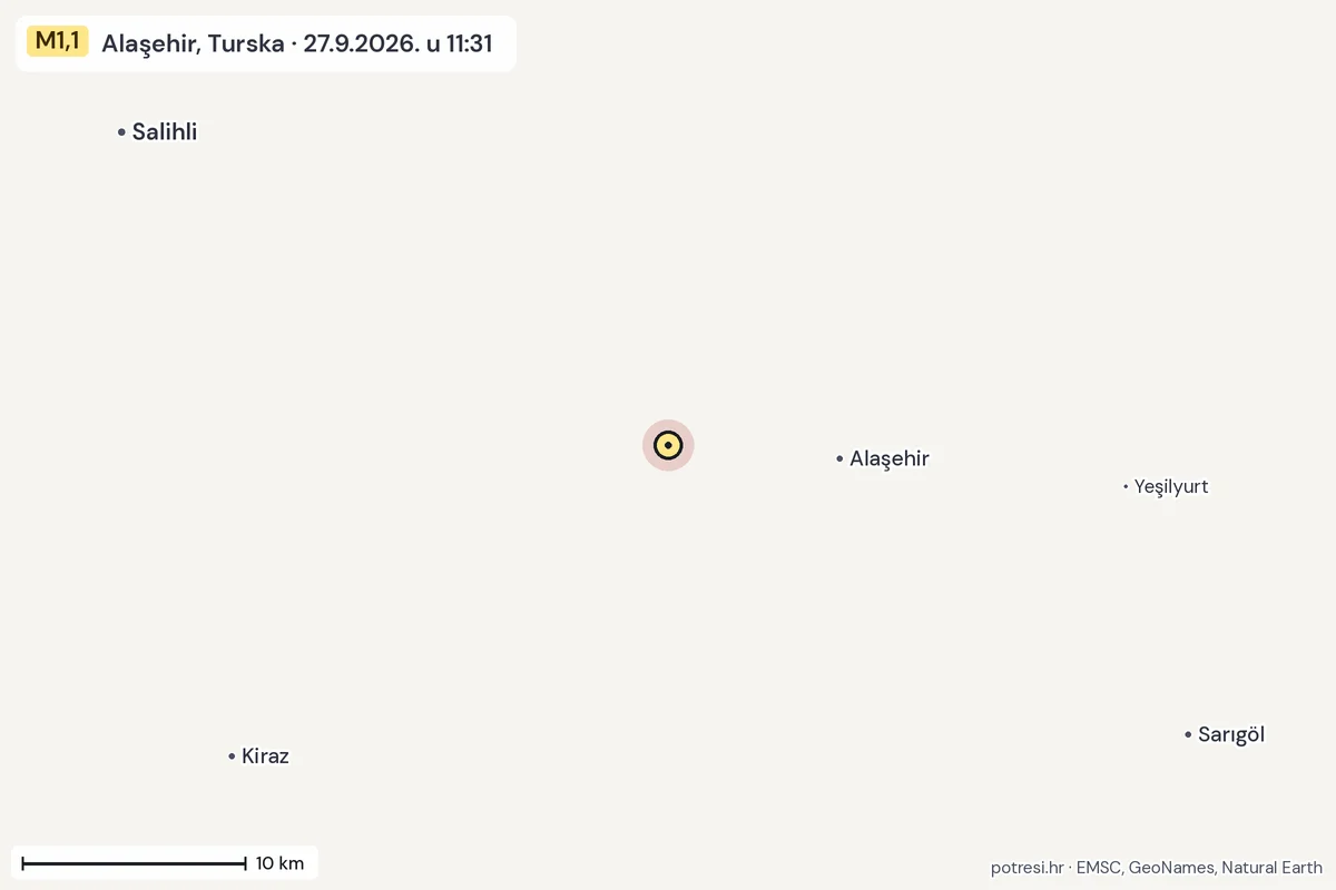 Karta: okolica epicentra, 60 km, potres M1,1, Alaşehir, Turska, 27.9.2026.