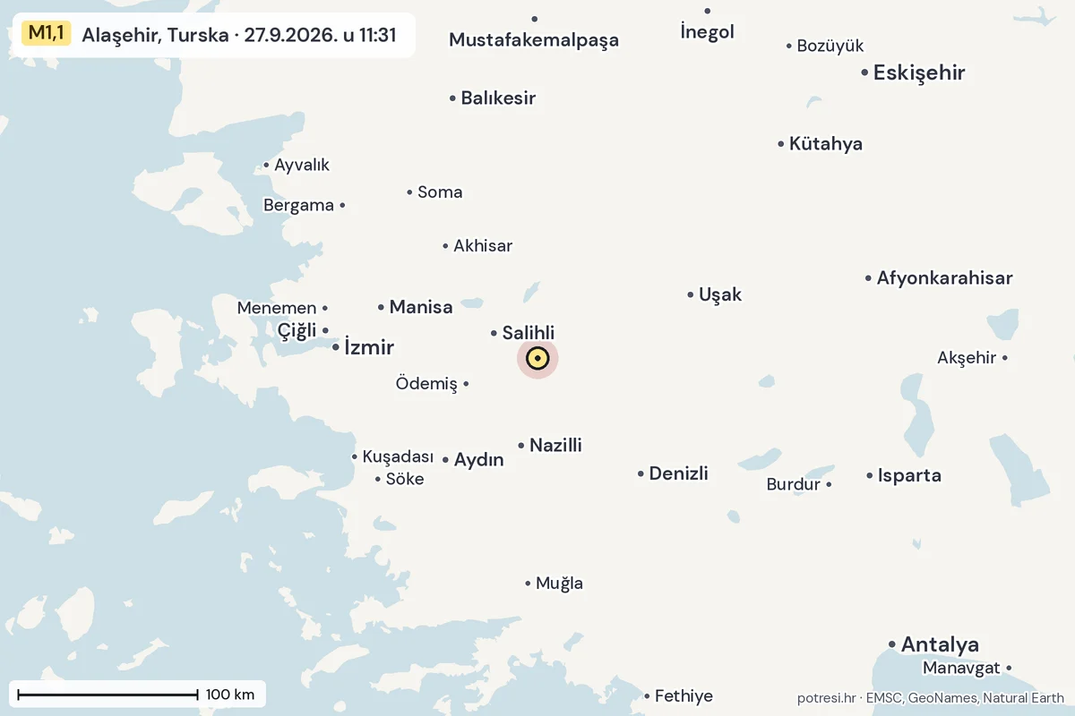Karta: šire područje, 600 km, potres M1,1, Alaşehir, Turska, 27.9.2026.