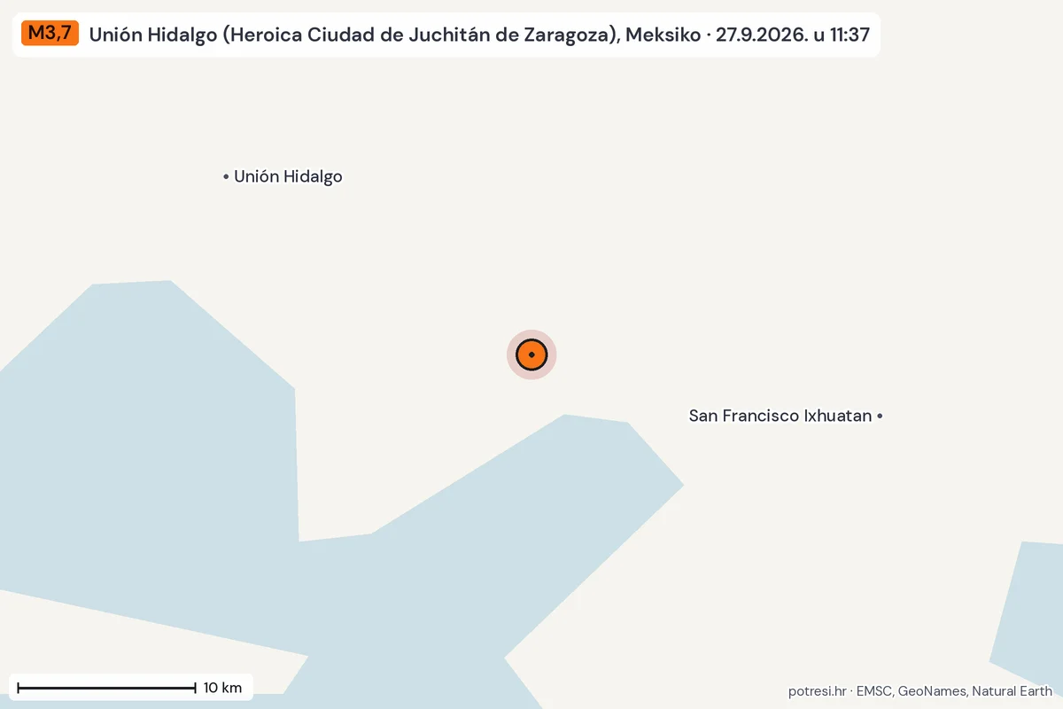 Karta: okolica epicentra, 60 km, potres M3,7, Unión Hidalgo (Heroica Ciudad de Juchitán de Zaragoza), Meksiko, 27.9.2026.