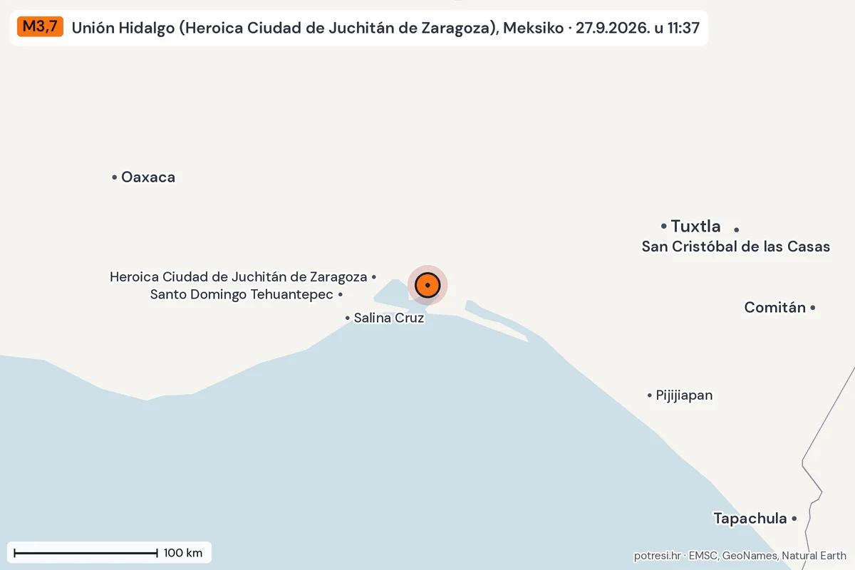 Karta: šire područje, 600 km, potres M3,7, Unión Hidalgo (Heroica Ciudad de Juchitán de Zaragoza), Meksiko, 27.9.2026.