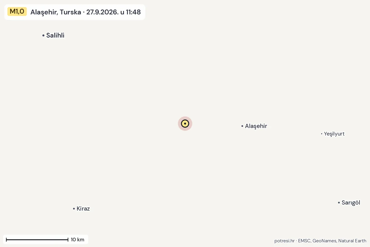 Karta: okolica epicentra, 60 km, potres M1,0, Alaşehir, Turska, 27.9.2026.