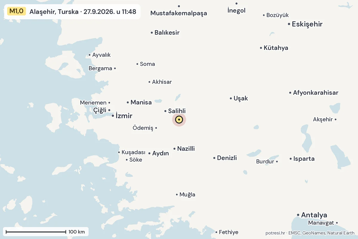Karta: šire područje, 600 km, potres M1,0, Alaşehir, Turska, 27.9.2026.