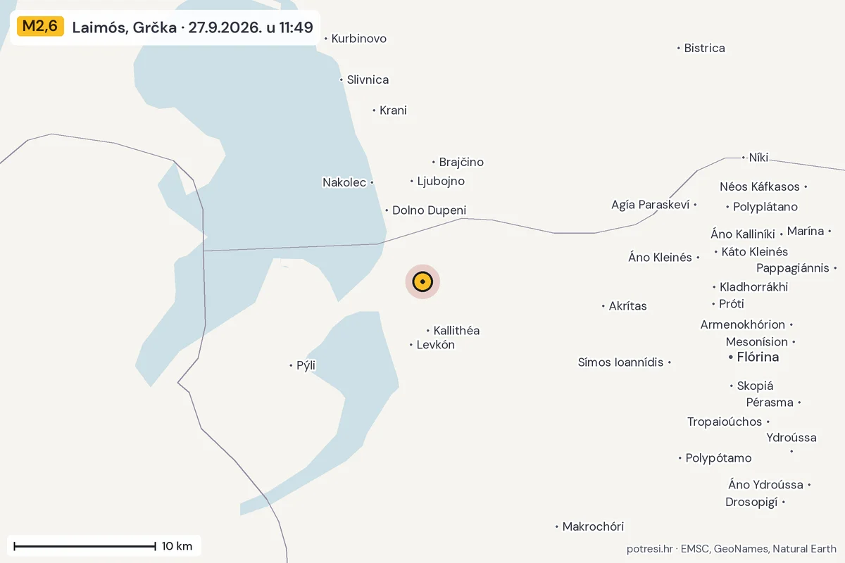 Karta: okolica epicentra, 60 km, potres M2,6, Laimós, Grčka, 27.9.2026.
