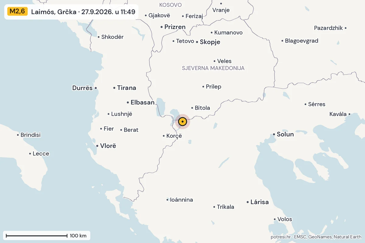 Karta: šire područje, 600 km, potres M2,6, Laimós, Grčka, 27.9.2026.