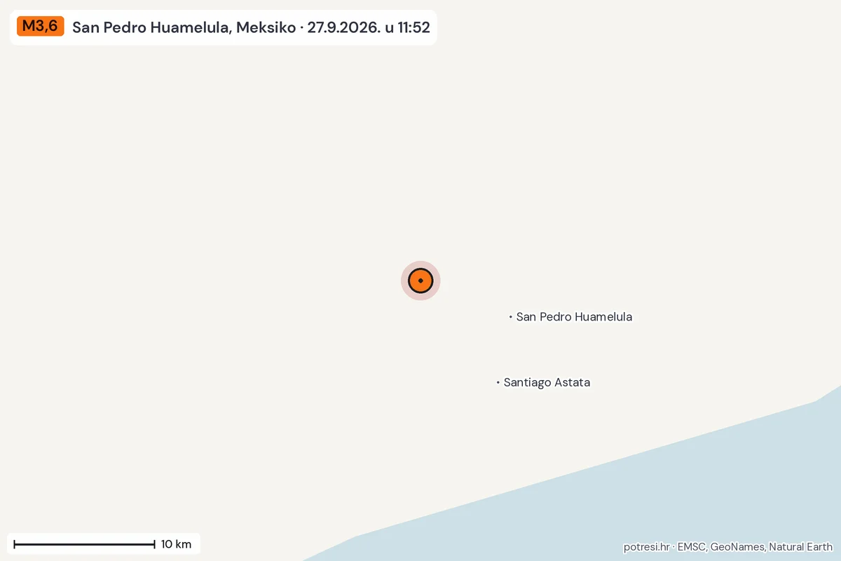 Karta: okolica epicentra, 60 km, potres M3,6, San Pedro Huamelula, Meksiko, 27.9.2026.