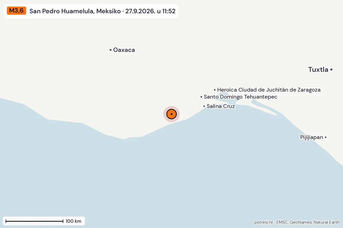 Karta: šire područje, 600 km, potres M3,6, San Pedro Huamelula, Meksiko, 27.9.2026.