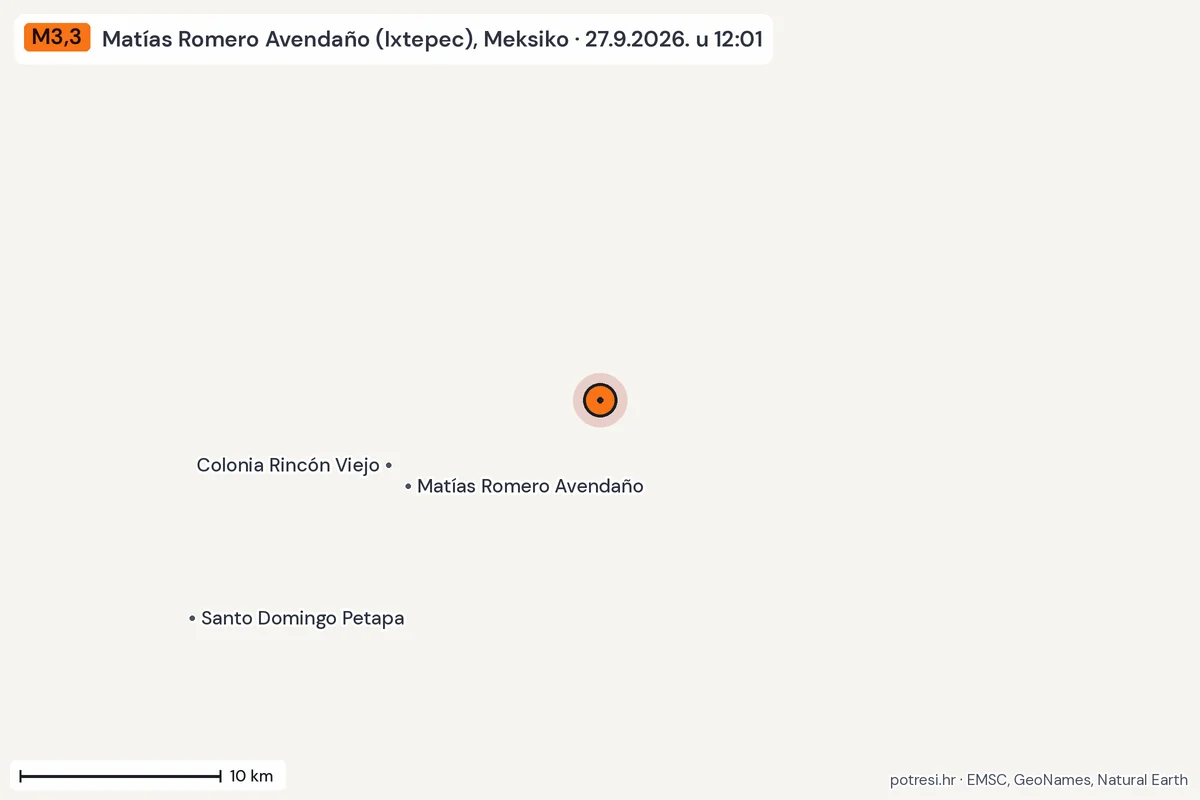 Karta: okolica epicentra, 60 km, potres M3,3, Matías Romero Avendaño (Ixtepec), Meksiko, 27.9.2026.